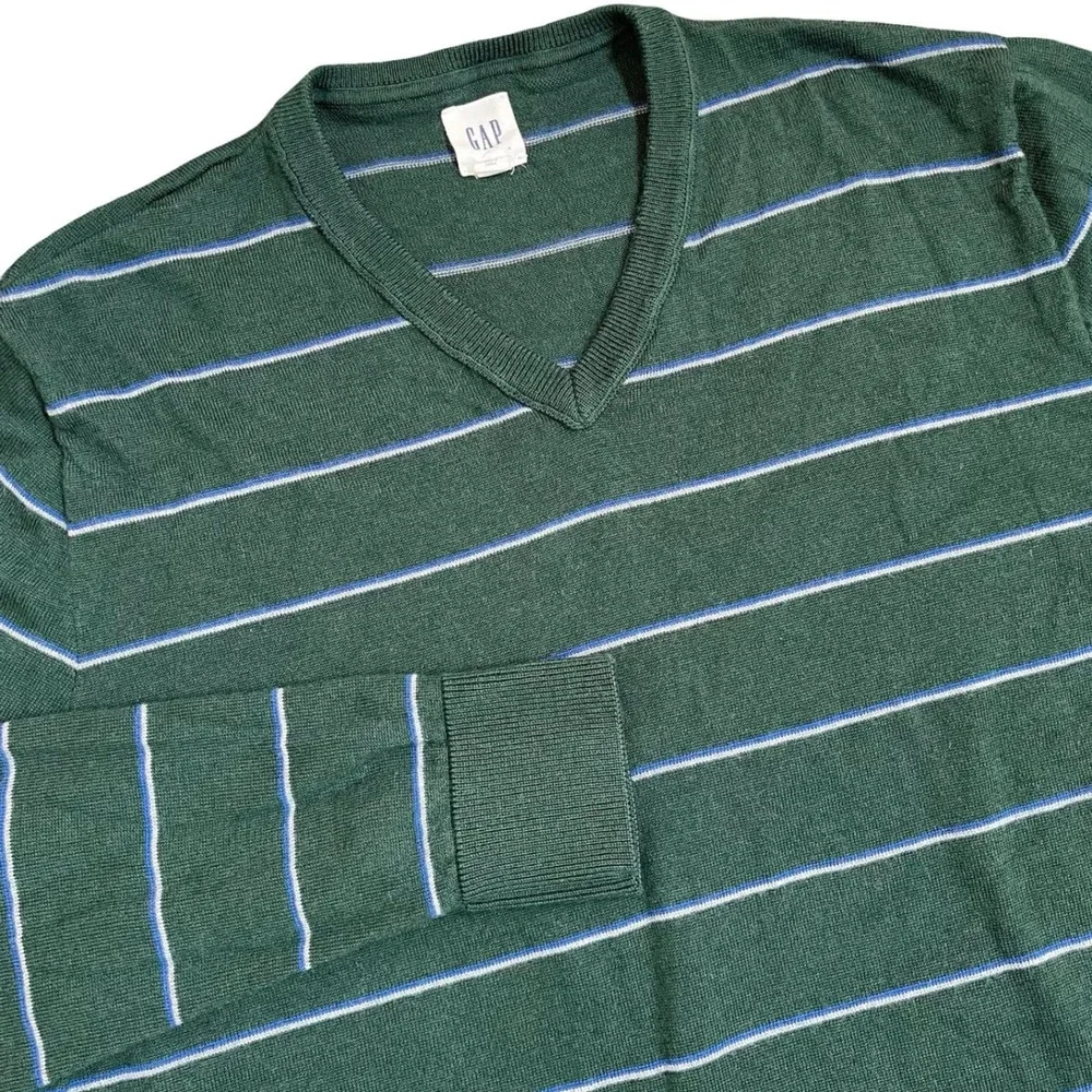 Vintage Gap V-Neck Sweater Men L Green Striped 100% Merino Extra Fine Wool Y2K
